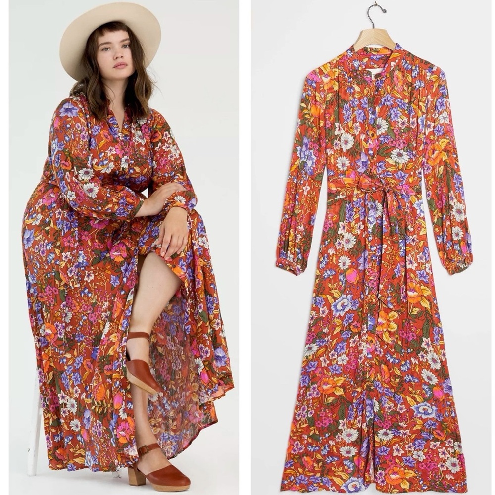 Anthropologie Plus Orange Floral Vale Maxi Shirtdress Size 1X